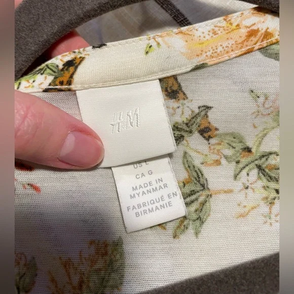 H&M Floral Sheer Blouse Tunic Top bird hummingbird cream green orange yellow - Picture 5 of 12